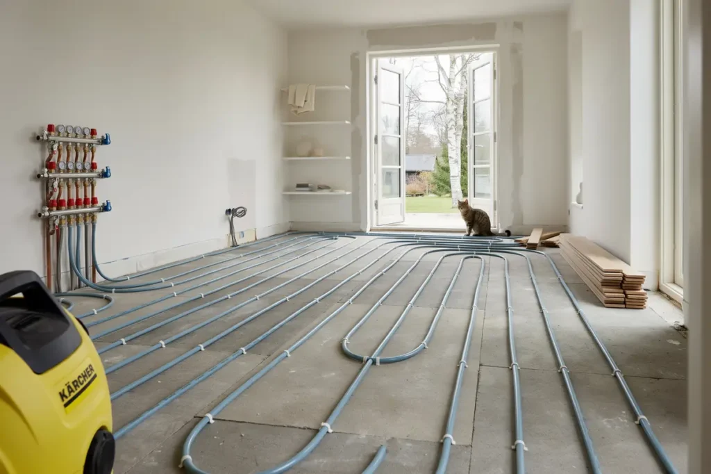 installation av vattenburen golvv rme i villa i ytterj rna